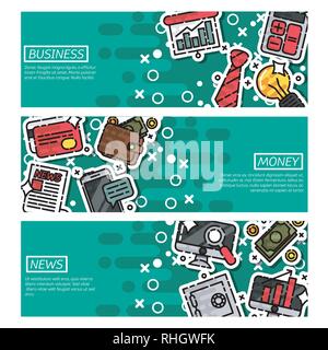 Set of Horizontal Banners about business process and success elements isolated vector illustration Stock Vector