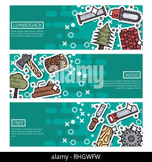 Set of Horizontal Banners about lumberjack with shipping timber and lumberjack tools descriptions and buttons read more vector illustration Stock Vector