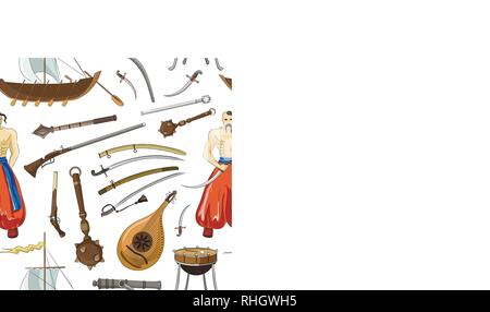 Vector set of Cossacks objects pattern, icons and design elements in flat style. Cossack man, weapons, boats, drum. Stock Vector