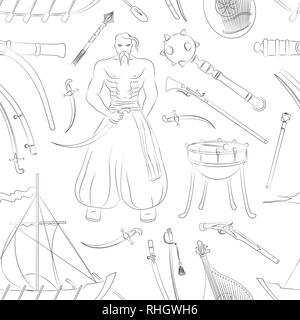 Vector set of Cossacks objects pattern, icons and design elements in flat style. Cossack man, weapons, boats, drum. Stock Vector
