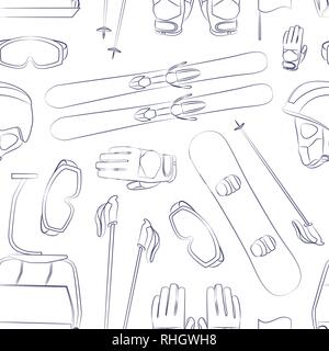 Skiing equipment icons pattern. Set skis and ski poles. Winter equipment icons family vacation, activity or travel skiing equipment. Winter sport moun Stock Vector