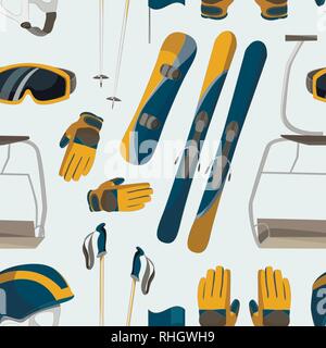 Skiing equipment icons pattern. Set skis and ski poles. Winter equipment icons family vacation, activity or travel skiing equipment. Winter sport moun Stock Vector