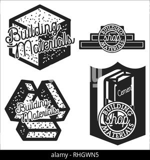 Vintage building materials shop emblems. Repair. Building. Variants of vector logos of various building materials and tools Stock Vector
