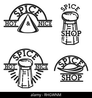 Color vintage spice shop emblems. Stylish design with sketch illustration of spice Stock Vector