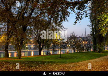 Turin Parco del Valentino and River Po with view of Mole Antonelliana Stock Photo