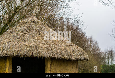 rooftop of a primitive house with thatched roof, garden decoration, nature background Stock Photo