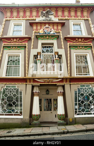 Front elevation of the amazing colourful facade and architecture of the Egyptian House, Chapel Street, Penzance, Cornwall. Stock Photo