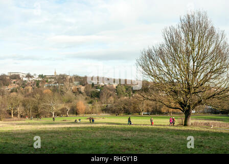 Distant figures walking along a path through Hampstead Heath on a cold sunny winters day. Blue skies. Stock Photo