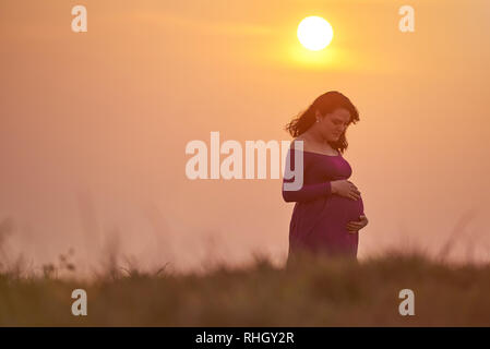 Young hispanic pregnant  woman waiting for baby on sunst light background Stock Photo