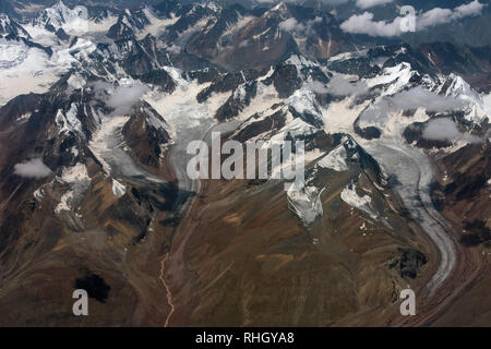 Two huge glacier, descending high mountains, the Himalayas. Stock Photo