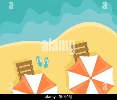 Beach with sun loungers and beach umbrellas. Flat vector illustration. Top view Stock Vector