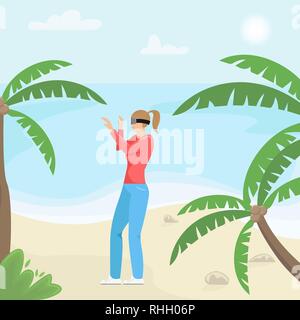 Girl with virtual reality glasses. Virtual tropics.  Modern technology. Flat vector illustration. Stock Vector