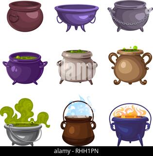 Cauldron icons set. Cartoon set of cauldron vector icons for web design Stock Vector