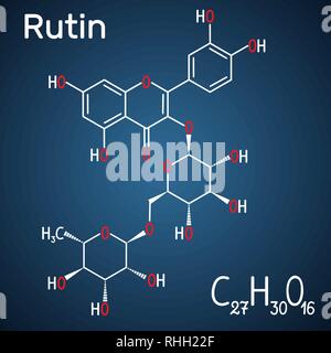 Rutin molecule (vitamin P). Structural chemical formula and molecule model on the dark blue background. Vector illustration Stock Vector