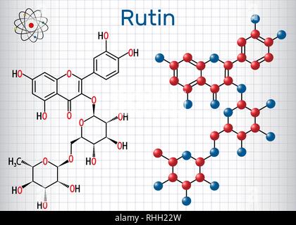 Rutin molecule (vitamin P). Structural chemical formula and molecule model. Sheet of paper in a cage.Vector illustration Stock Vector