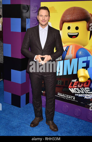 WESTWOOD, CA - FEBRUARY 02: Chris Pratt attends the Premiere Of Warner Bros. Pictures' 'The Lego Movie 2: The Second Part' at Regency Village Theatre  Stock Photo