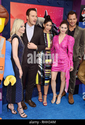 WESTWOOD, CA - FEBRUARY 02: (L-R) Elizabeth Banks, Chris Pratt, Stephanie Beatriz, Alison Brie, and Will Arnett attend the Premiere Of Warner Bros. Pi Stock Photo