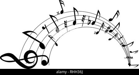 Wavy musical staff with notes on a white background. Vector Stock Vector