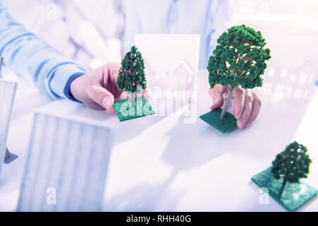Two architects placing miniature trees while working on new project Stock Photo