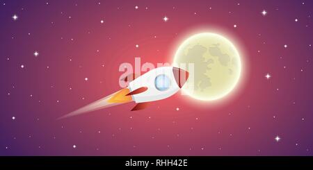 rocket is flying to the full moon in pink starry space vector illustration EPS10 Stock Vector