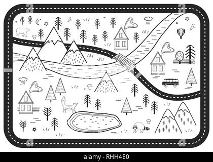 Black and White Kids Road Play Mat. Vector River, Mountains and Woods Adventure Map with Houses and Animals. Scandinavian Style Art Print. Stock Vector