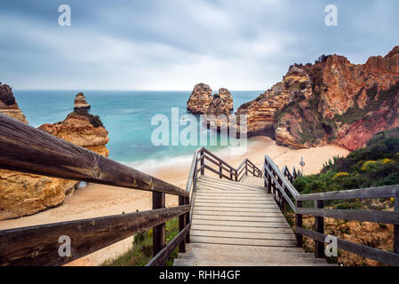 Praia do Camilo, Long Exposure, Wooden Stair, Beautiful Beach in Algarve, Portugal Stock Photo