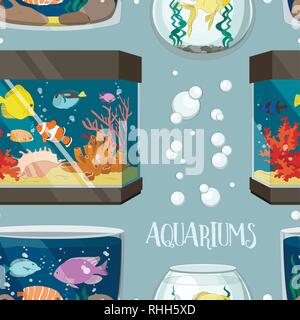 Glass Aquarium Set pattern. Different Form for Interior Home. Set of Fish and blue water. Stock Vector
