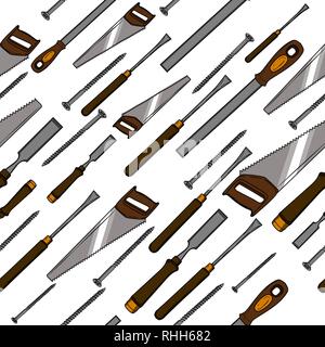 Pattern from various Carpentry. Carpenter character at work. Woodworking tools of antique joinery - Craft Woodwork Screwdriver Table Hamme, Carpenter. Stock Vector