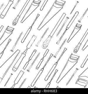 Pattern from various Carpentry. Carpenter character at work. Woodworking tools of antique joinery - Craft Woodwork Screwdriver Table Hamme, Carpenter. Stock Vector