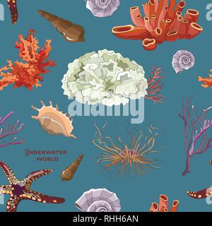 Pattern of underwater objects. Seaweeds, bubbles, stones. For web design, print, cards video games posters magazines newspapers Stock Vector