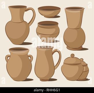 Rustic ceramic utensils, colored vector images for design and illustration. Stock Vector