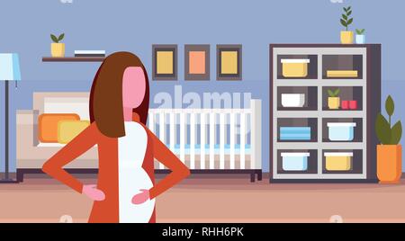 pregnant woman standing at home baby bed newborn room white wooden crib modern kid or nursery bedroom interior female character portrait horizontal Stock Vector