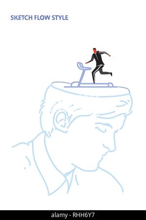 open human head sportsman running on treadmill runner cardio training creative inspiration healthy lifestyle concept sketch flow style vertical Stock Vector