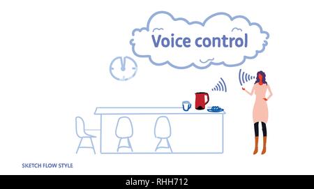 home automatic kettle controlled by woman smart tech teapot recognizes commands voice control concept modern kitchen interior sketch flow style Stock Vector