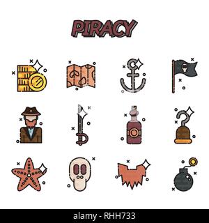 Piracy flat icons set. Vector illustration, EPS 10 Stock Vector
