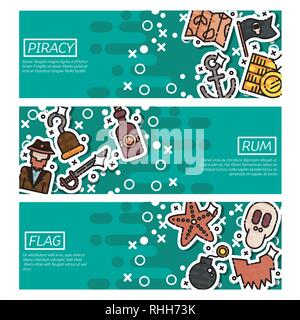 Set of Horizontal Banners about piracy for Poster, Web Site, Printing Advertising with Thief and Pirate Flat Icons. Stock Vector
