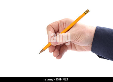 Pencil in male hand on white background Stock Photo