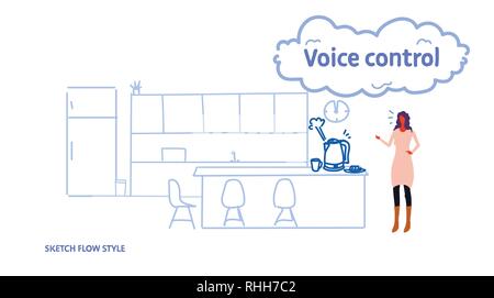 home automatic kettle controlled by woman smart tech teapot recognizes commands voice control concept modern kitchen interior sketch flow style Stock Vector