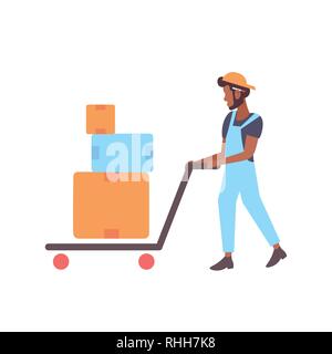 delivery man pushing cardboard boxes on trolley african american courier with hand truck delivery service concept male cartoon character full length Stock Vector