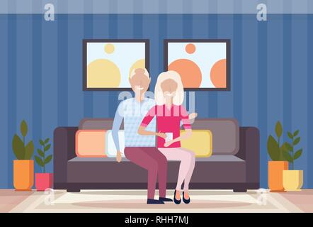senior couple embracing sitting on couch happy grandparents lovely mature old man and woman in love modern living room interior full length flat Stock Vector