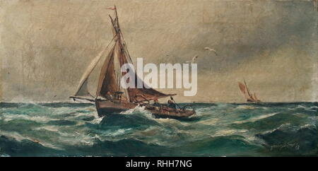 AJAXNETPHOTO. 2012. SOUTHAMPTON, ENGLAND. - HENRIE PITCHER ART - SEASCAPE MARINE OIL ON CANVAS DEPICTING SMALL GAFF RIGGED CUTTER REACHING UNDER FULL SAIL IN ROUGH SEA OFF THE COAST WITH GULLS AND ANOTHER VESSEL DISTANT. SIGNED BY THE ARTIST AND DATED '13. EARLY 20TH CENTURY BRITISH SCHOOL. ACTIVE 1880-1904. SOURCE:PRIVATE COLLECTION. PHOTO:JONATHAN EASTLAND/AJAX REF:GR71320 Stock Photo