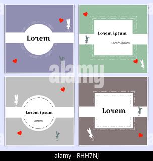 Romantic postcards of pastel shades with border for text. Gentle banners with bunnies. Silhouettes Rabbits and red hearts. Template for packaging Stock Vector