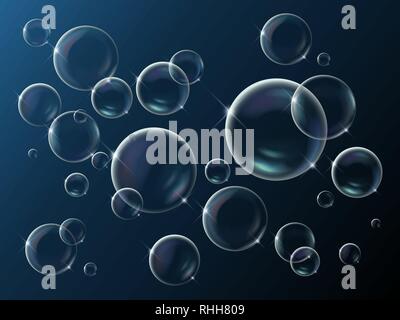 Background with realistic bright sparkling soap bubbles with rainbow reflection, vector illustration. Stock Vector