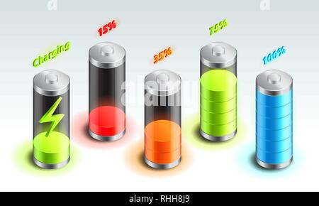 Set of battery charge isometric icon, accumulator indicator, from full charge to discharged, isometric battery vector illustration. Stock Vector