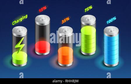 Set of battery charge isometric icon, accumulator indicator, from full charge to discharged, isometric battery vector illustration. Stock Vector