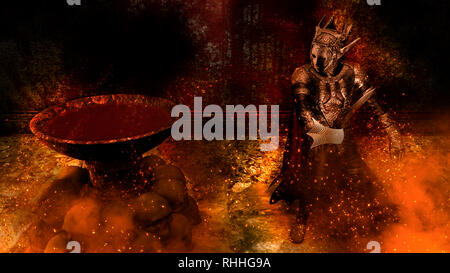 3D rendering of a warrior at bloody wall background Stock Photo