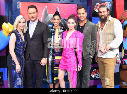 Westwood, California, USA. 2nd Feb, 2019. Elizabeth Banks, Chris Pratt, Stephanie Beatriz, Alison Brie, Will Arnett and Jason Momoa arrives for the 'The LEGO Movie 2: The Second Part' World Premiere at the Village theater. Credit: Lisa O'Connor/ZUMA Wire/Alamy Live News Stock Photo