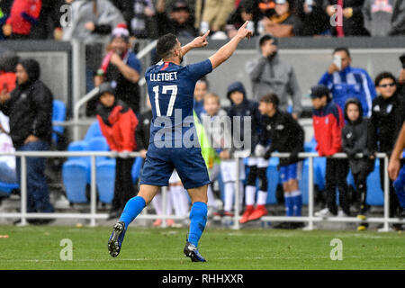 San Jose, California, USA. 2nd Feb, 2019. Unites States midfielder Sebastian Lletget (17) celebrates his goal during the international friendly soccer match between Costa Rica and the United States at Avaya Stadium in San Jose, California. Chris Brown/CSM *** Corrects an earlier version filed under an incorrect headline Credit: csm/Alamy Live News Stock Photo