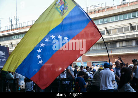 Caracas, Venezuela. 2nd Feb 2019. The flag of venezuela seen during a protest against Nicolas Maduro. Opposition supporters take part in a rally against Venezuelan President Nicolas Maduro's government in Caracas and to support Venezuelan opposition leader and self-proclaimed interim president Juan Guaido. Credit: SOPA Images Limited/Alamy Live News
