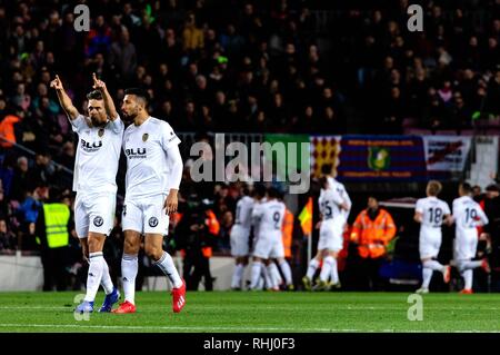 Barcelona, Spain. 2nd Feb, 2019. Players of Valencia celebrate their second goal during a Spanish La Liga match between FC Barcelona and Valencia in Barcelona, Spain, on Feb. 2, 2019. Credit: Joan Gosa/Xinhua/Alamy Live News Stock Photo